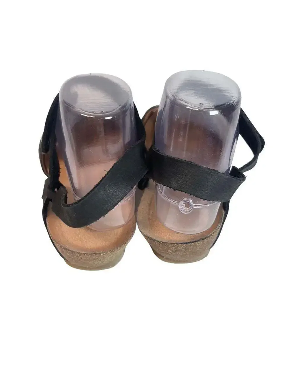 Wanda Panda Tina Black Leather Comfort Wedge Sandals Hook Loop Womens 9